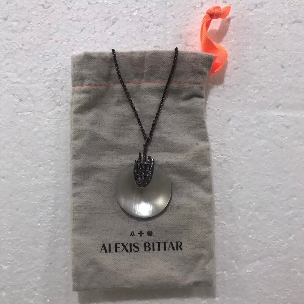 Alexis Bittar Pewter Tone White Lucite Black Back Pendant Necklace